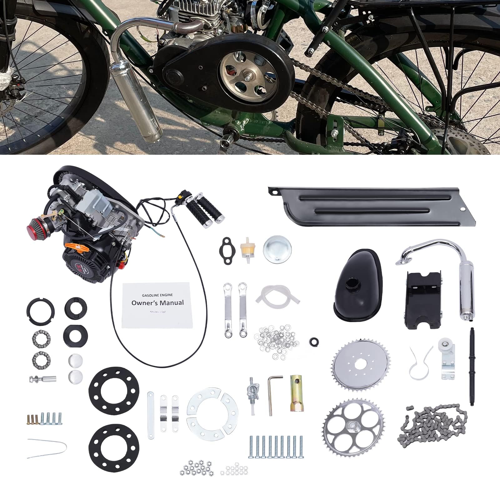 Bike Engine Kit 4 Stroke 3HP 100CC Bicycle Engine Kit Full Set 4-Stroke OHV Bicycle Engine Motor 3600rpm Single Cylinder Air Cooled Recoil Start Petrol Gas Motorized Bike Motor Kit with Chain