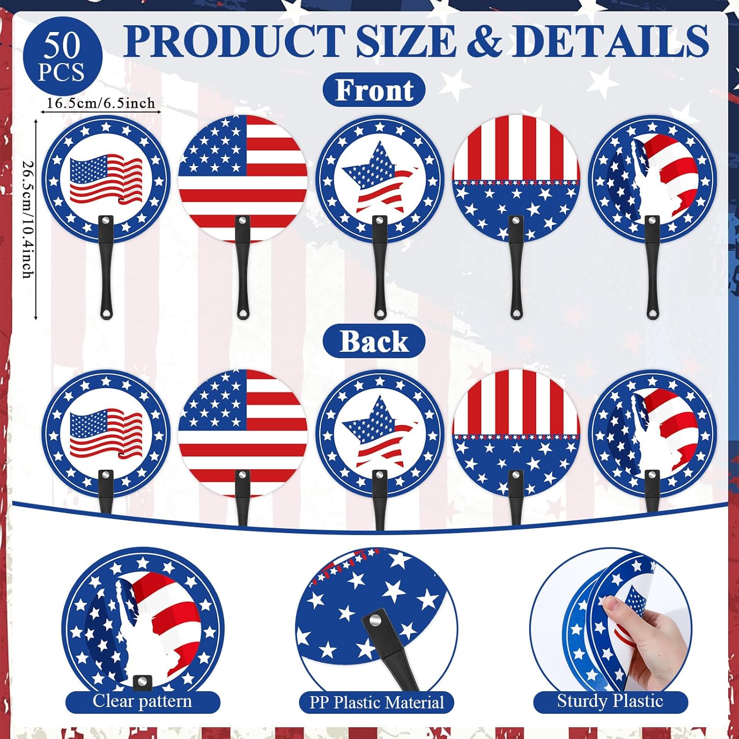 50 Pcs 4th of July Handheld fans Independence Day Fans Bulk Summer Plastic Round Stars Stripes Fan with Handle for Memorial Day Fourth of July Independence Day Party Favors Parade Gifts (Patriotic)