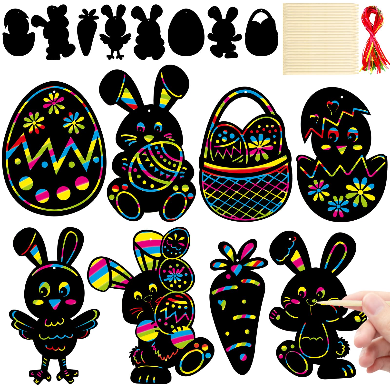 Fancy Land Easter Scratch Paper Art for Kids Easter Egg Bunny Rainbow Scratch Crafts for Holiday Party Favors School Classroom Activities 48Pcs