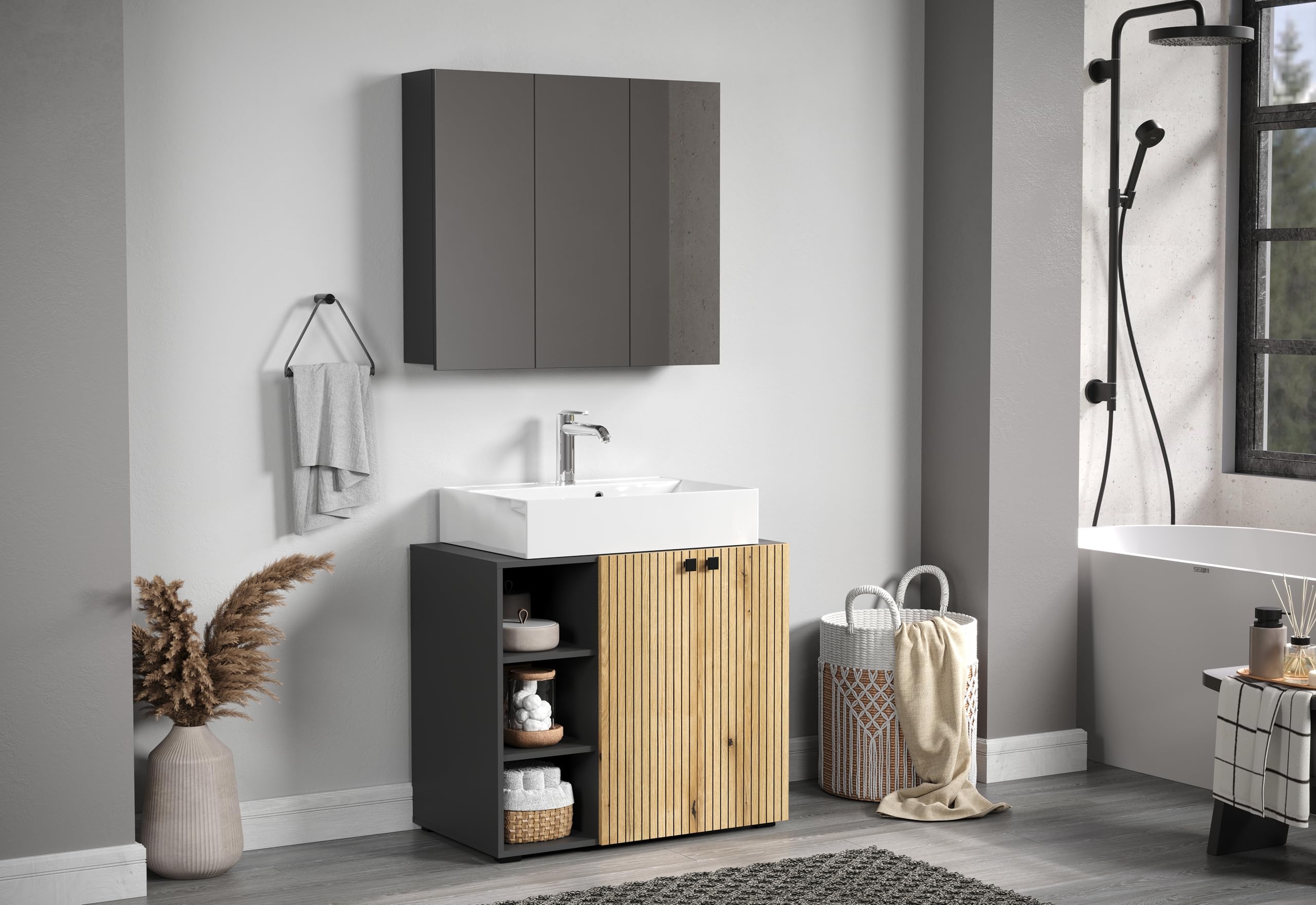 trendteam smart living - PureBliss - Armario con Espejo - Antracita/Evoke Roble - Efecto surco - 9 Compartimentos + 6 estantes - (90 x 80 x 20 cm) - Puerta Central Izquierda y Derecha