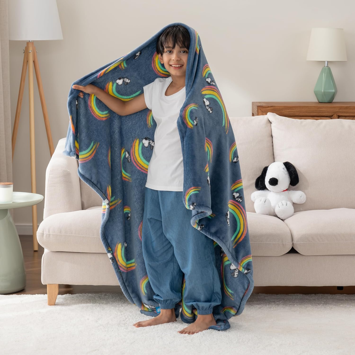 Berkshire Blanket Peanuts® VelvetLoft® Cute Character Snoopy Plush Oversized Kids Throw Blanket, Peanuts Snoopy Rainbow No Dot Dusty Navy (50in x 60in) - Image 3