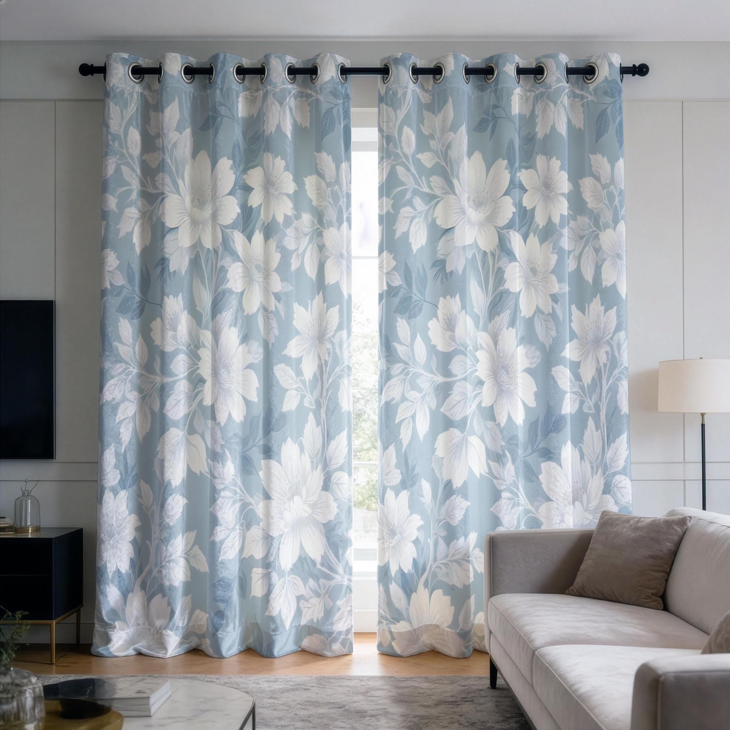 IKDZCM Blue Flower Blackout Curtains for Bedroom, Thermal Insulated Curtains Floral Drapes for Living Room(WxH/2x85x200cm)
