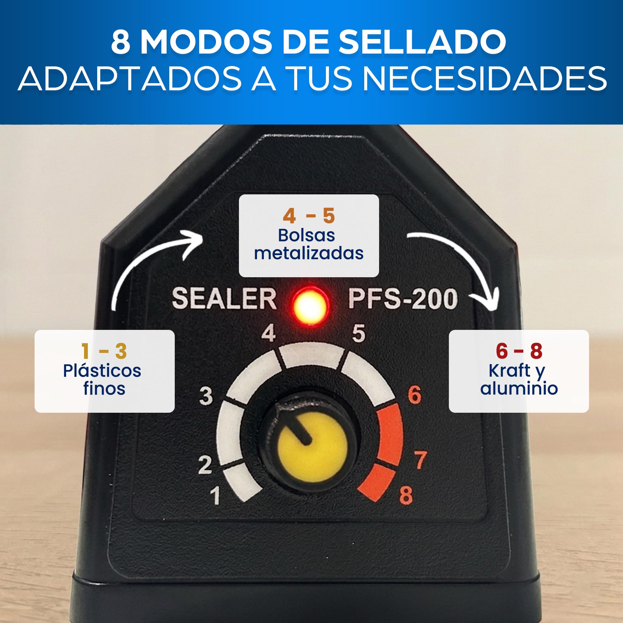 Máquina de sellado de 200 mm, sellador térmico profesional para bolsas de plástico, aluminio, kraft - termoselladora con 8 resistencias
