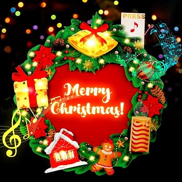 Yinqing Christmas Cards, Light and Music Christmas Wreath Card, 3D Pop Up Xmas Greeting Card for Women Men Kids Husband Wife Mom Dad Daughter, Decoration for Tree