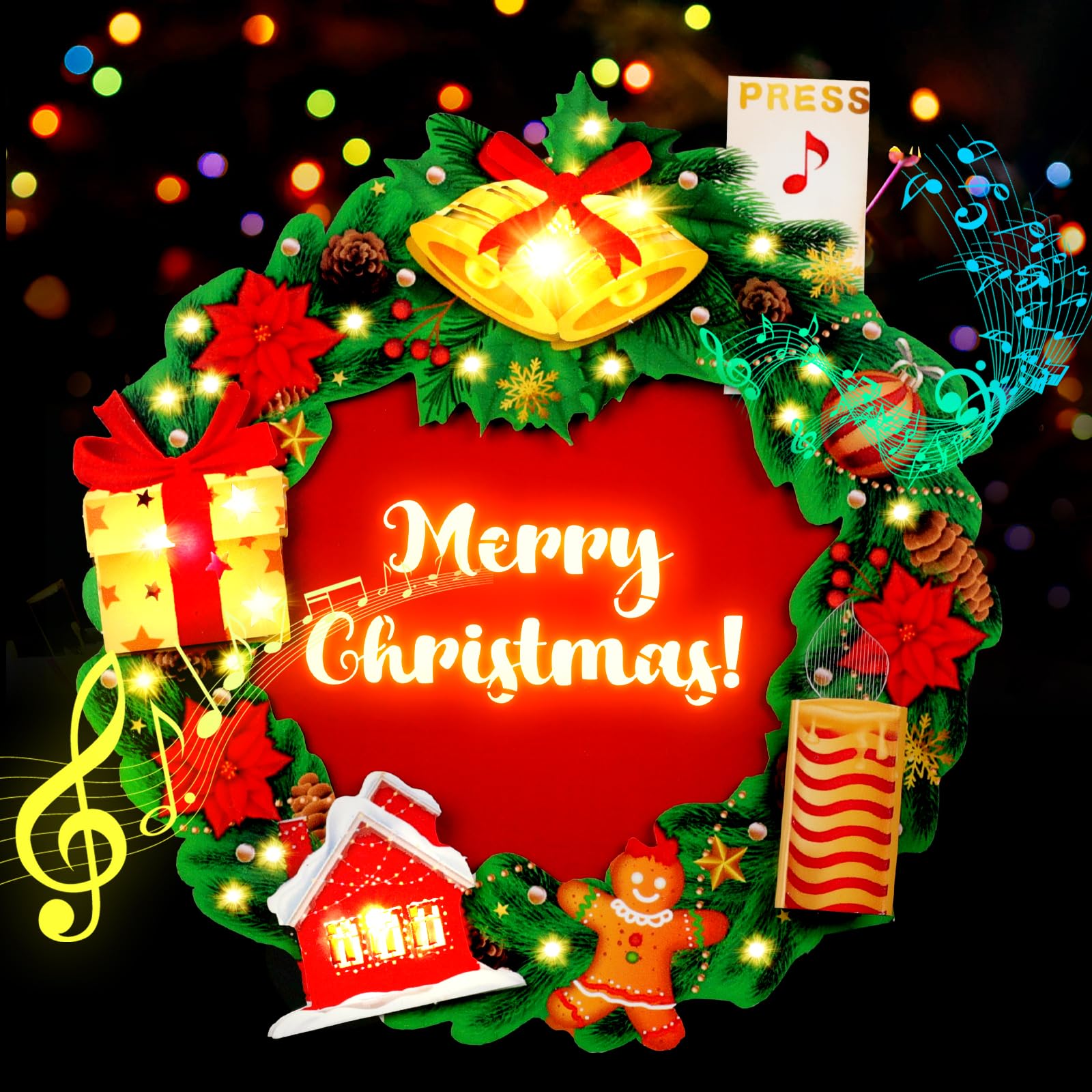Yinqing Christmas Cards, Light and Music Christmas Wreath Card, 3D Pop Up Xmas Greeting Card for Women Men Kids Husband Wife Mom Dad Daughter,