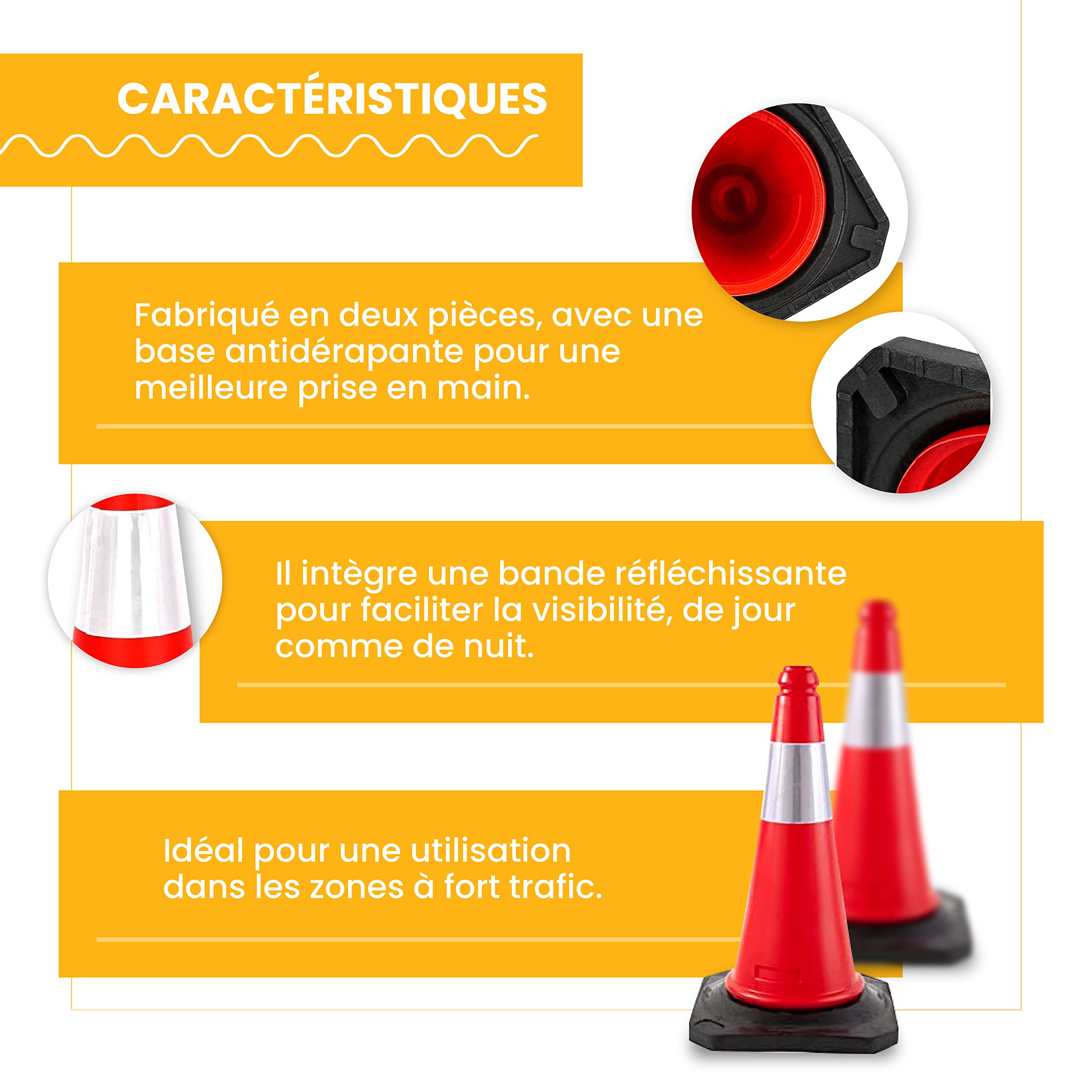 PARKING FACIL | Cônes De Signalisation 50 cm | Cône De Signalisation Avec Base En Caoutchouc Et Bande Réfléchissante | Éléments De Sécurité Routière | Taille : 50cm | 1 Unité