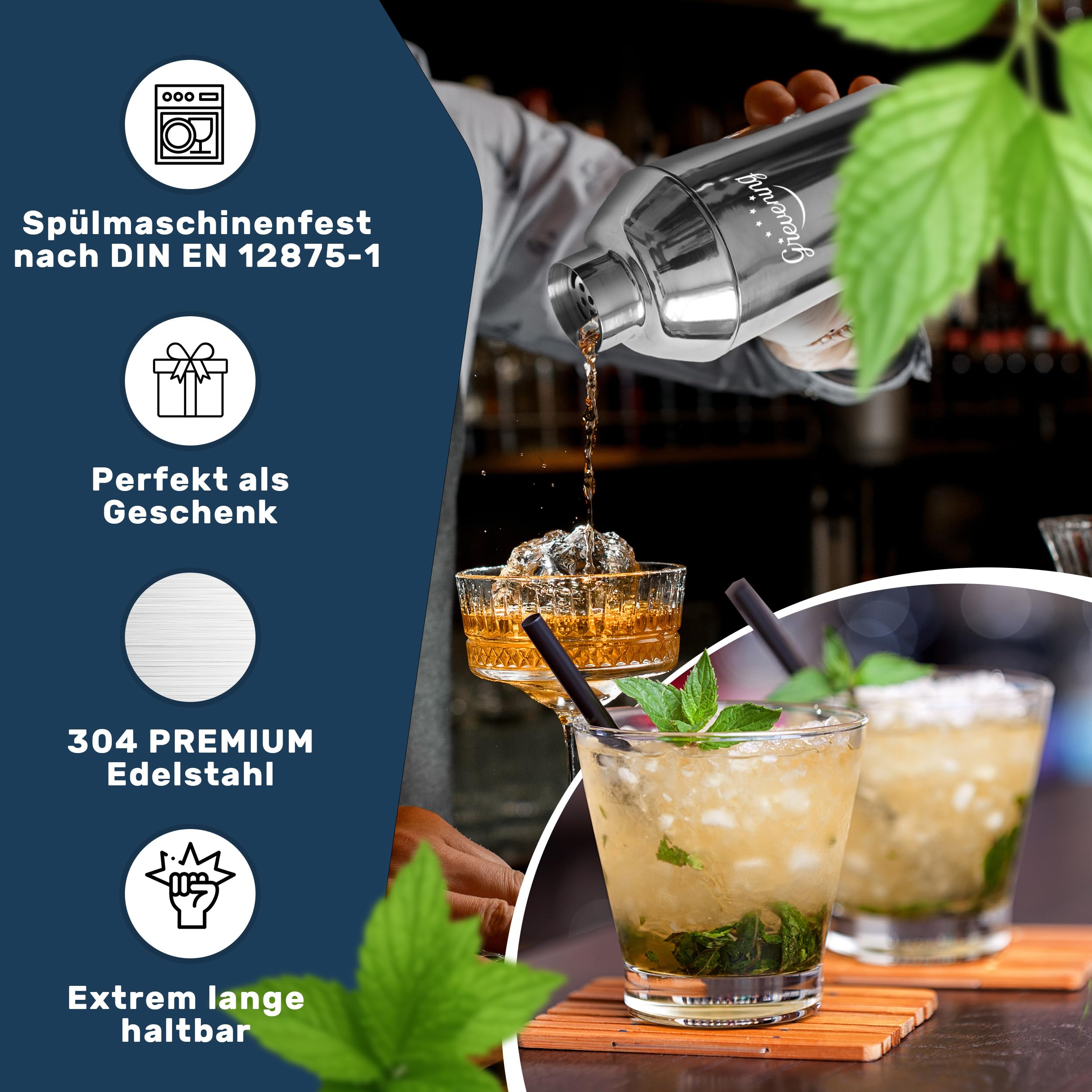 Shaker à cocktail 16 pièces dans une boîte en bois pratique et élégante, superbe emballage cadeau avec livre de recettes pour débutants et professionnels, acier inoxydable 304 de qualité