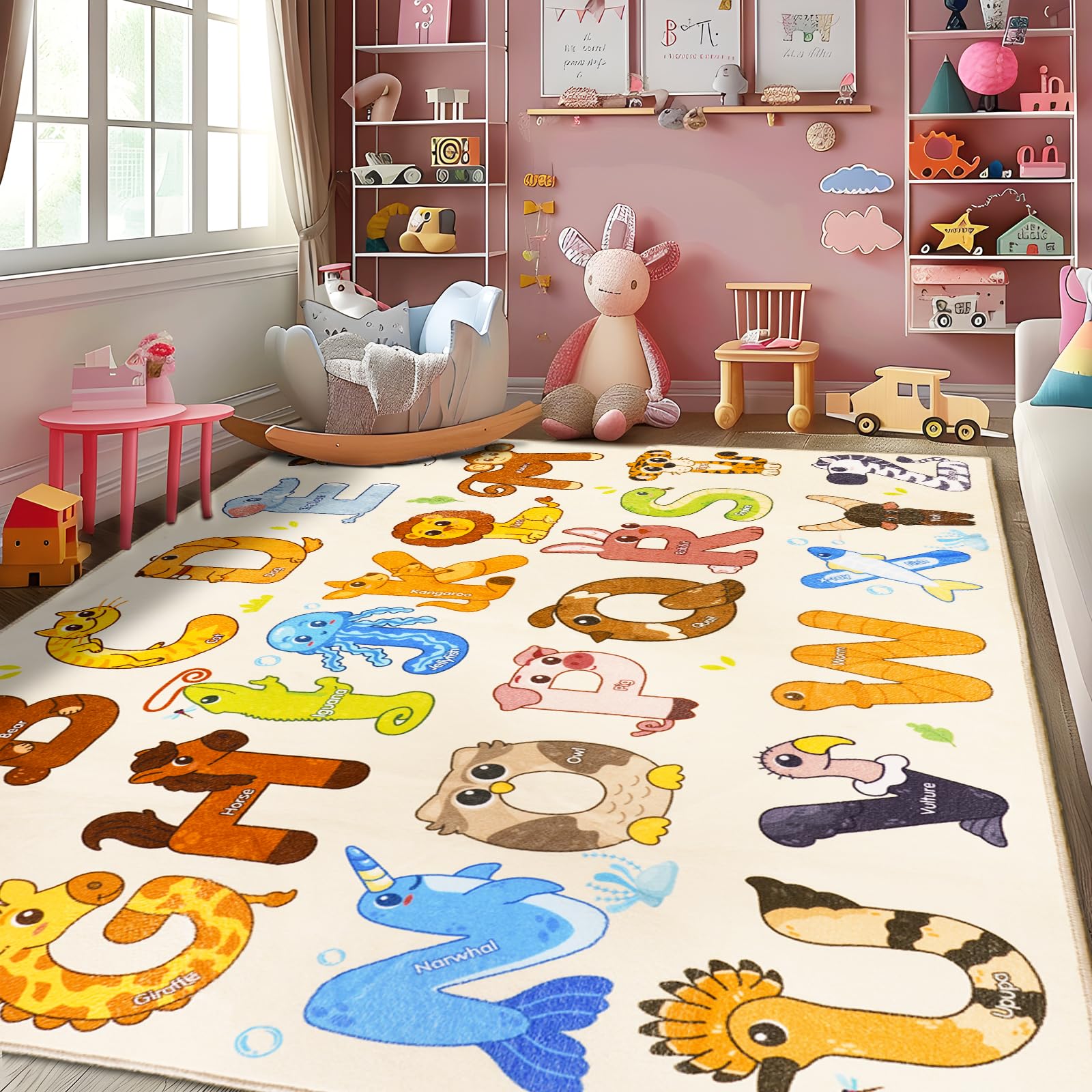 GthreeD Rugs for Playroom,Educational Rug for Learning ABC Alphabet & Animals,Soft & Non-Slip Machine Washable,Ideal for Exploration Game Perfect for Living Room Decor,200x300 cm