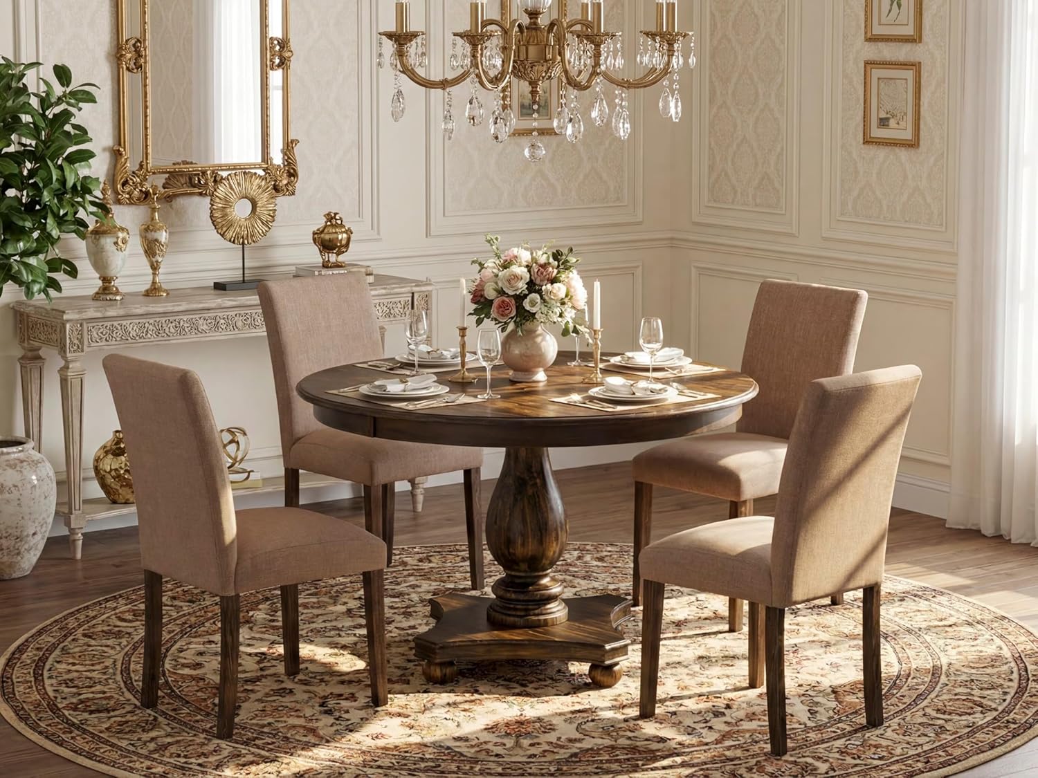 East West Furniture F2AB5-747 5 Piece Dining Room Furniture Set Includes a Round Dining Table with Pedestal and 4 Light Sable Linen Fabric Upholstered Chairs, 48x48 Inch, Distressed Jacobean