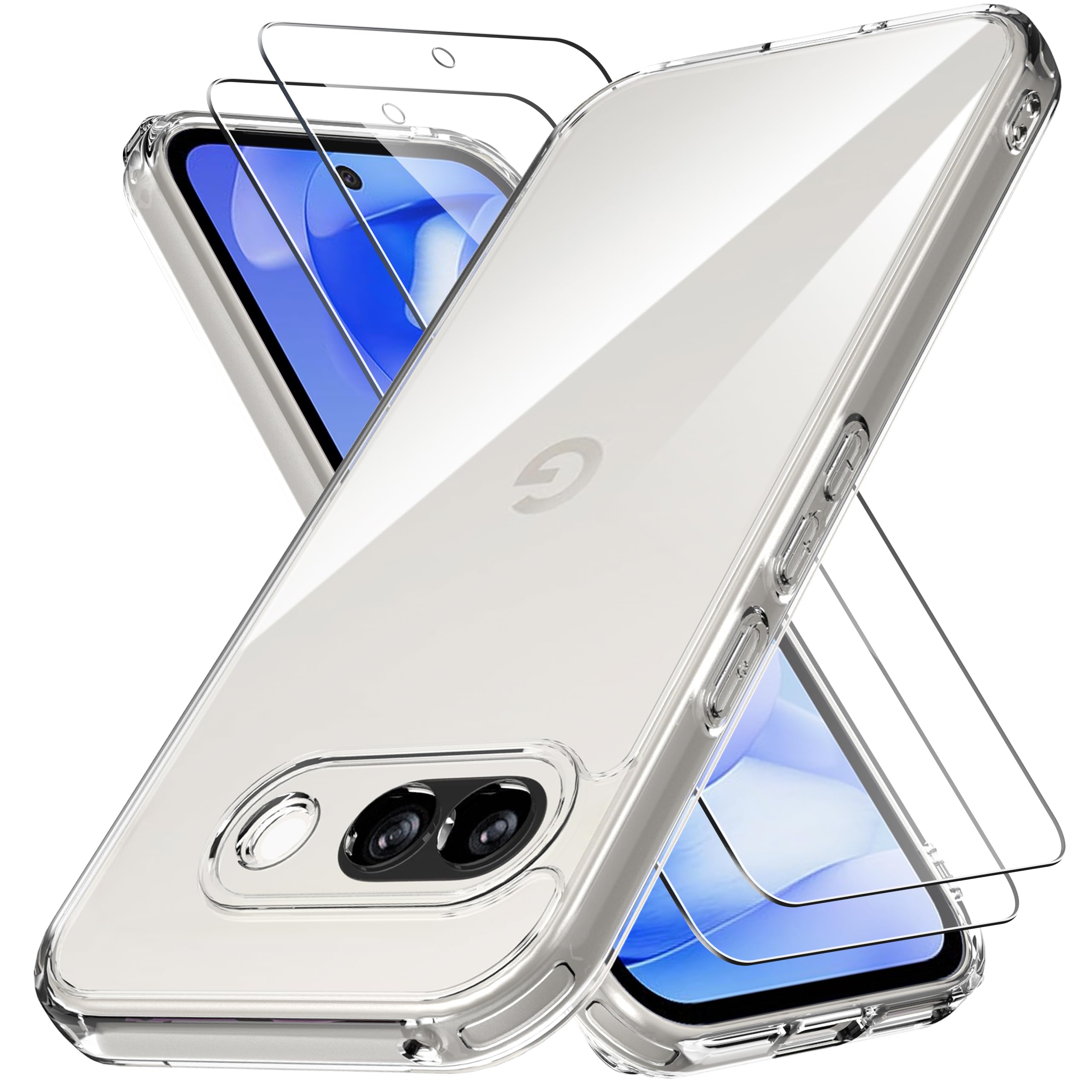 Anoow Designed for Google Pixel 9a Case:Anti Yellowing Clear Phone Case with 2 Pack Pixel 9a Tempered Glass Screen Protector.9H Hardness [Military Grade Protection] Support Fingerprint Unlocking