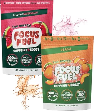FocusFuel Energy Chews Variety Pack Peach & Watermelon 2-Pack, 30 Servings Total 100mg Natural Caffeine + Nootropics Juicy Energy with No Crash
