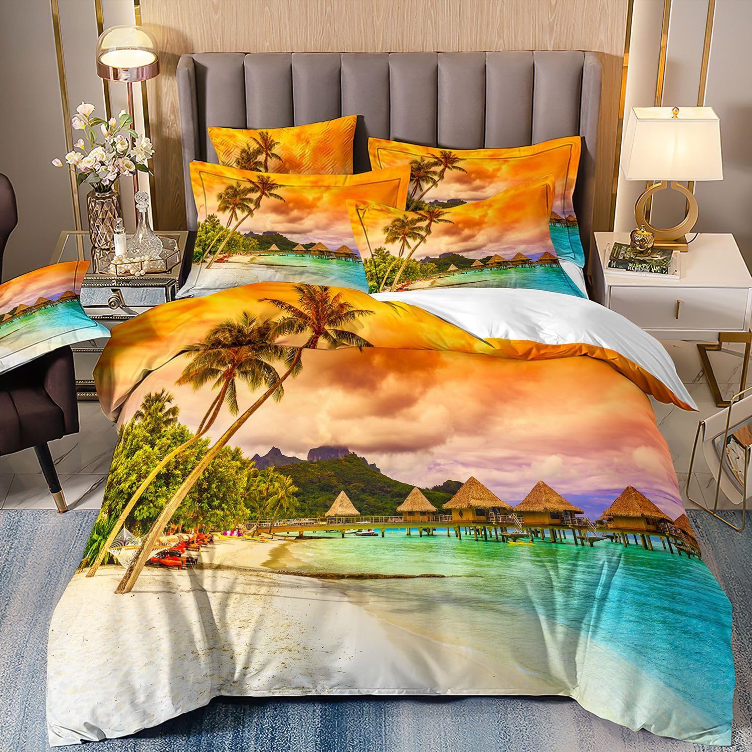 ZZTBQ Hawaiian style King Bed Duvet Cover and Pillow Cases Set Beach Coconut Tree Theme King Bedding for Boys and Girls 230 x 220 cm
