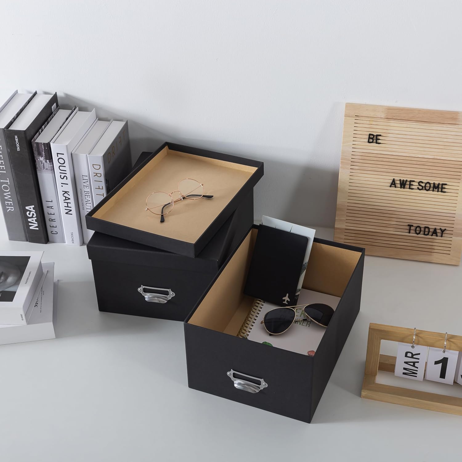 Soul & Lane Black Decorative Cardboard Storage Boxes with Lids, Set of 2 Stacking Keepsake Photo and Memory Boxes for Home & Office, Elegant Paperboard Organizers with Label Holders and Drawer Pulls