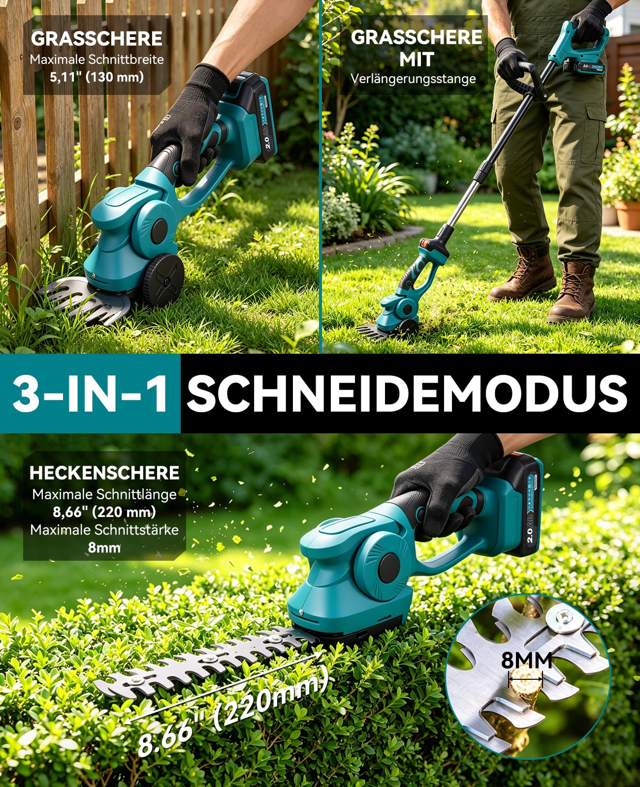 Yofidra 3-in-1 Rasenschere & Heckenschere Akku mit stiel, 2 2000mAh Akkus | Akku Grasschere mit stiel, Rädern, 13cm/22 cm SK5-Klinge, Rasenkanten trimmen, Sträucher schneiden, für klein. Garten