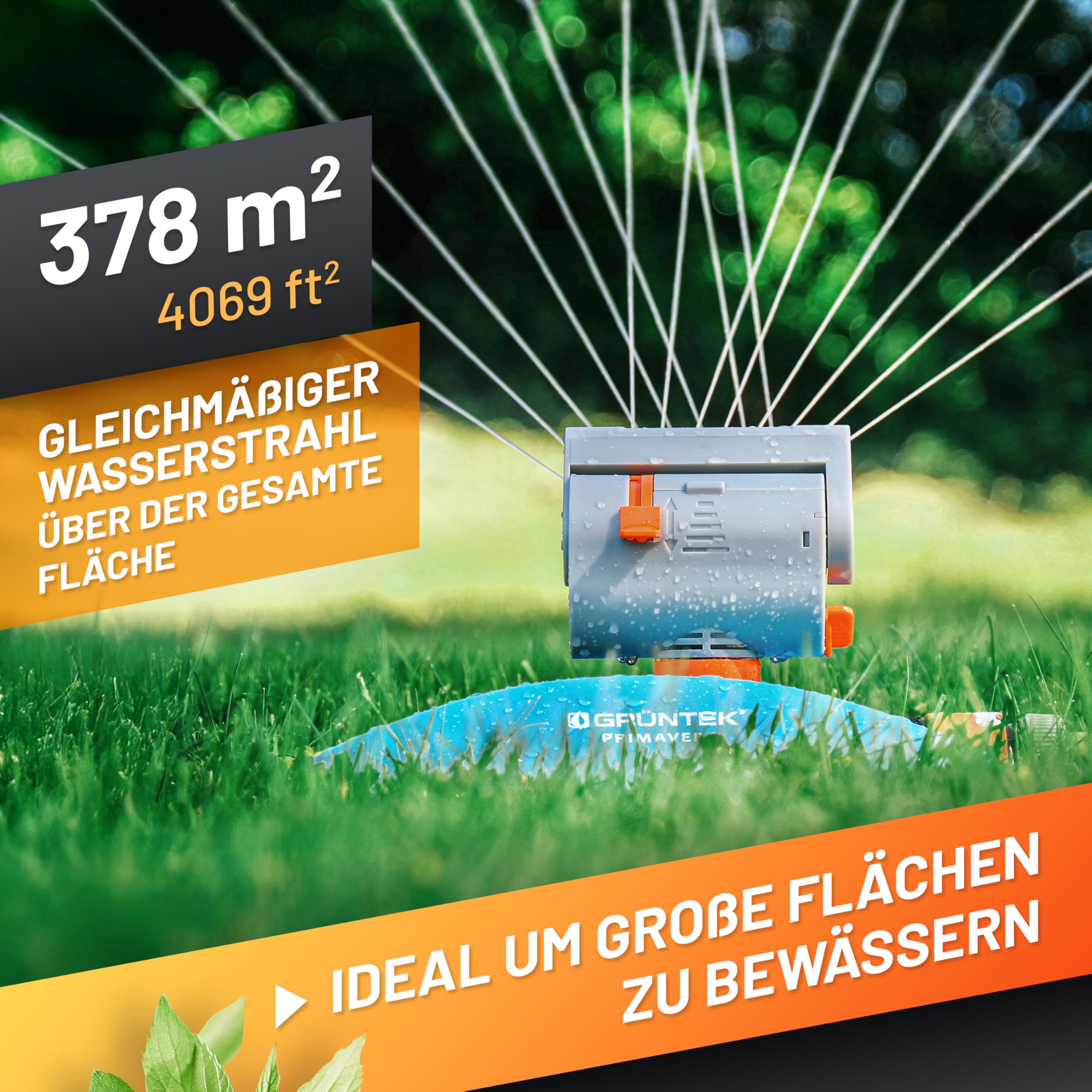 Robuster GRÜNTEK Oszillationssprinkler mit Turbo-Motor – Viereckregner mit 16-Düsen Bewässerungssystem, bruchfester ABS-Kunststoff, für gleichmäßige Beregnung großer Flächen
