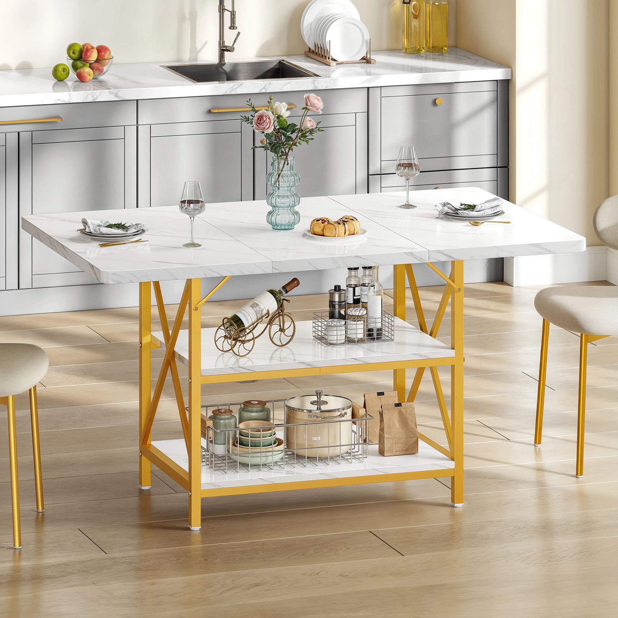 DWVO Dining Room Table 47 Inch Rectangle Dining Table for 4 People Modern Kitchen Table White Marble Dinner Table with Storage Shelf and Glod Metal