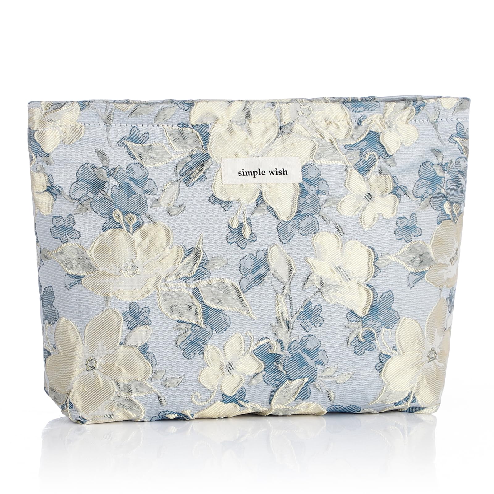 Sightor Aesthetic Makeup Bag, Large Capacity Cosmetic Bag Canvas Floral Makeup Bag, Travel Pouch Make Up Purse Toiletry Storge Bag for Women (Blue