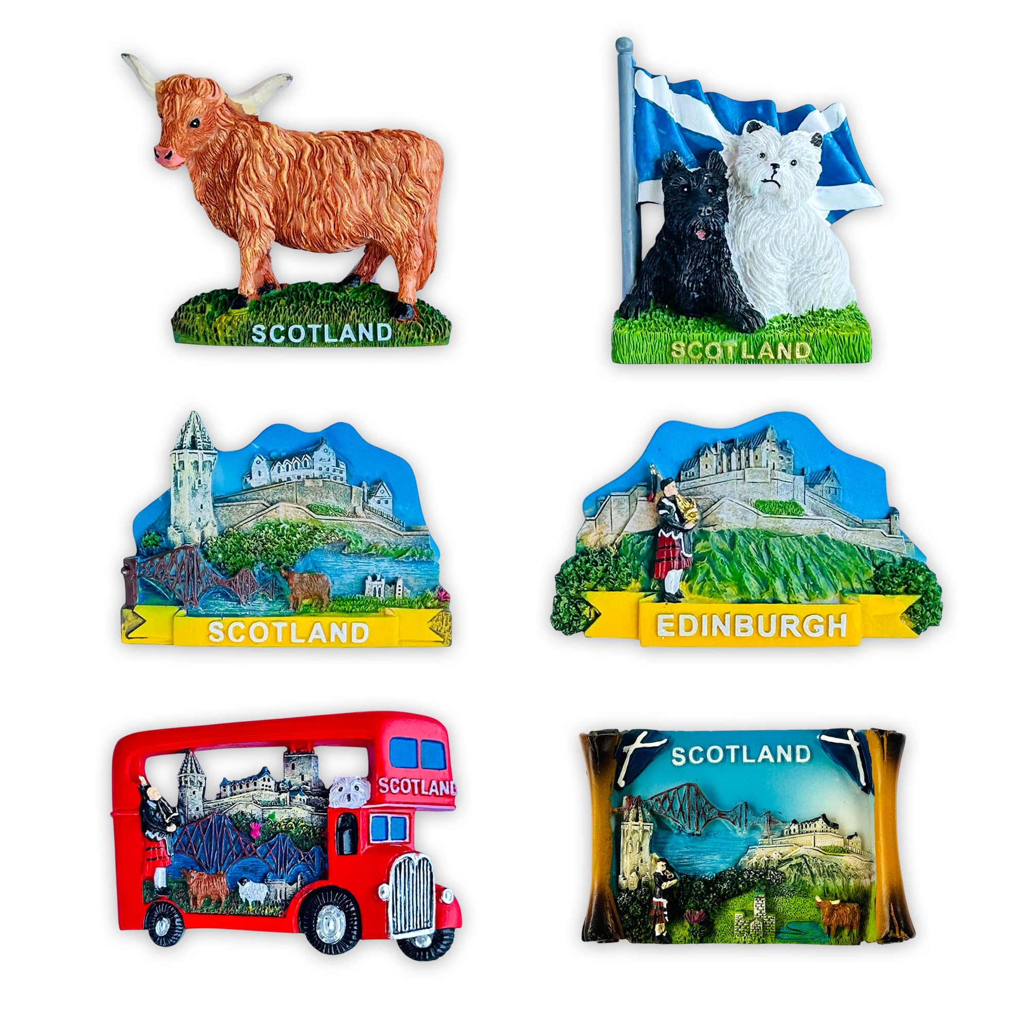Lilaj Multicolor Scotland Fridge Magnets – Set Of 6 Resin Souvenirs Featuring Edinburgh Castle, Saltire Flag, Red Bus, Highland Cow, Heilan’ Coo Bag Piper, Scottie & Westie Dogs – Scottish Gift Set