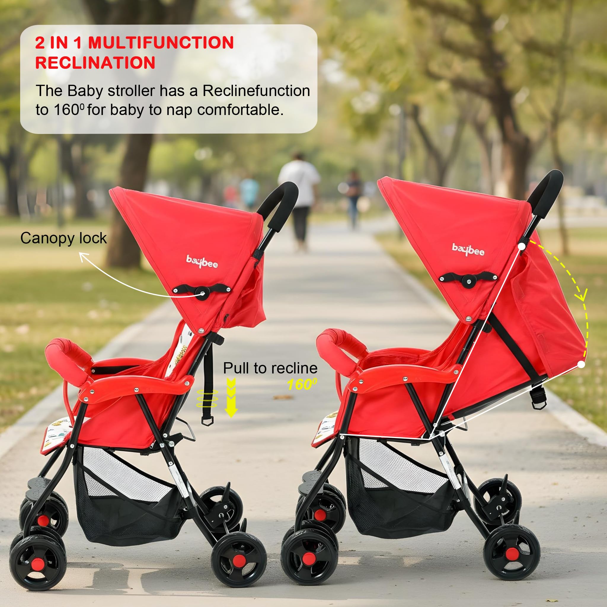 Baybee Stroller for Baby Boy 0 to 5 Years, Adjustable & Removable Canopy, Front Swivel Wheels, Rear Wheel Brakes, 2 Point Safety Belt, One Click Foldable Pram Strollers for Kids (Red) 1