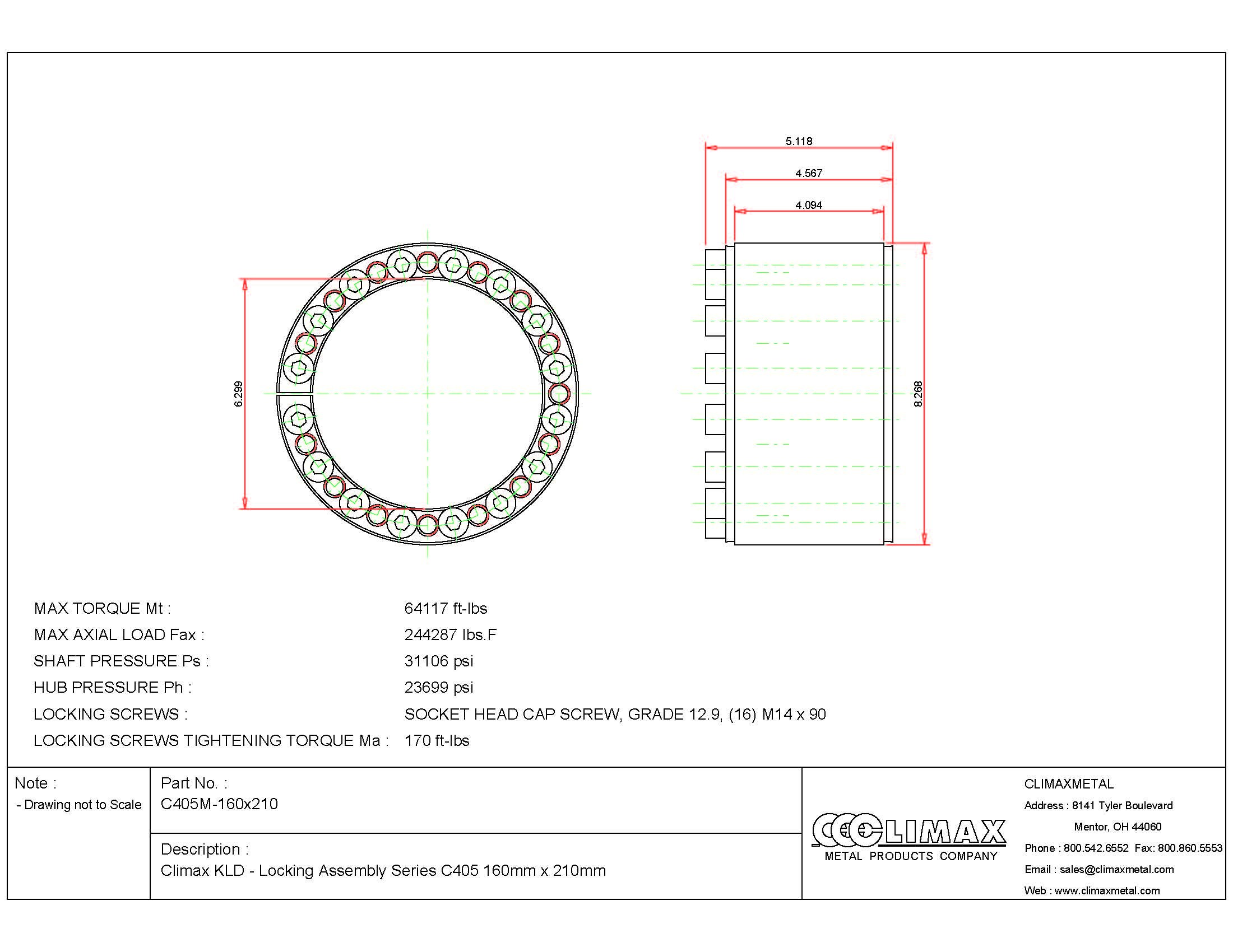 Climax Metals C405M-25X55 Series 405 Locking Assembly, Steel, 0.98