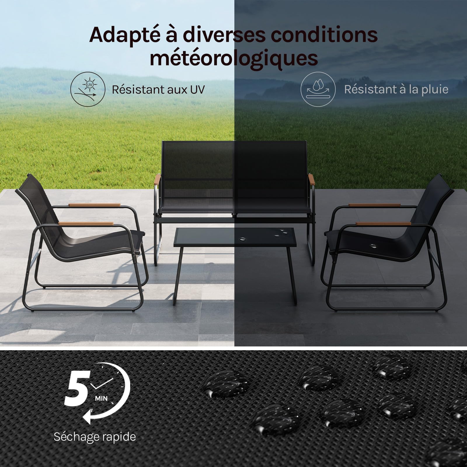 WOLTU Salon de Jardin Extérieur pour 4 Personnes, 1 Table, 2 Chaises et 1 Banc de Jardin, Ensemble de Meubles de Jadin avec Structure Métallique, Tissu Polyester, pour Balcon, Terrasse, Noir