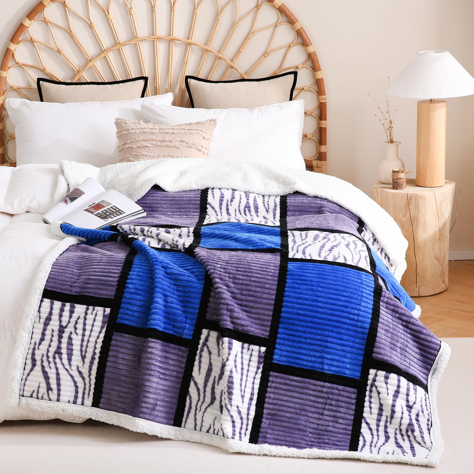 Sherpa Blanket Fleece throw Blanket Queen Plaid Thick Bed Blanket, Soft Warm Cozy Throw Blanket, 80”*90” Zabra-Blue grey