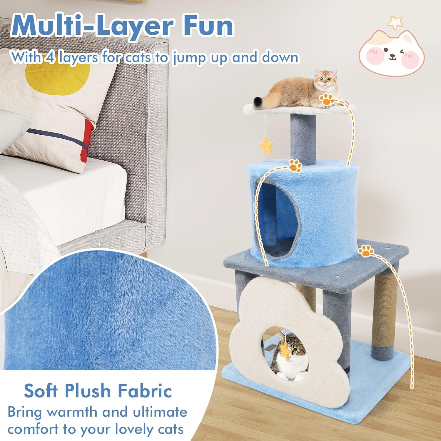 Tangkula Cute Cat Tree, 31.5 Inch Multi-Level Cat Tower with Jute Scratching Posts, Condo, Top Perch, Hanging Toy, Moon & Star & Cloud-Shaped Accents for Indoor Cats (Blue)