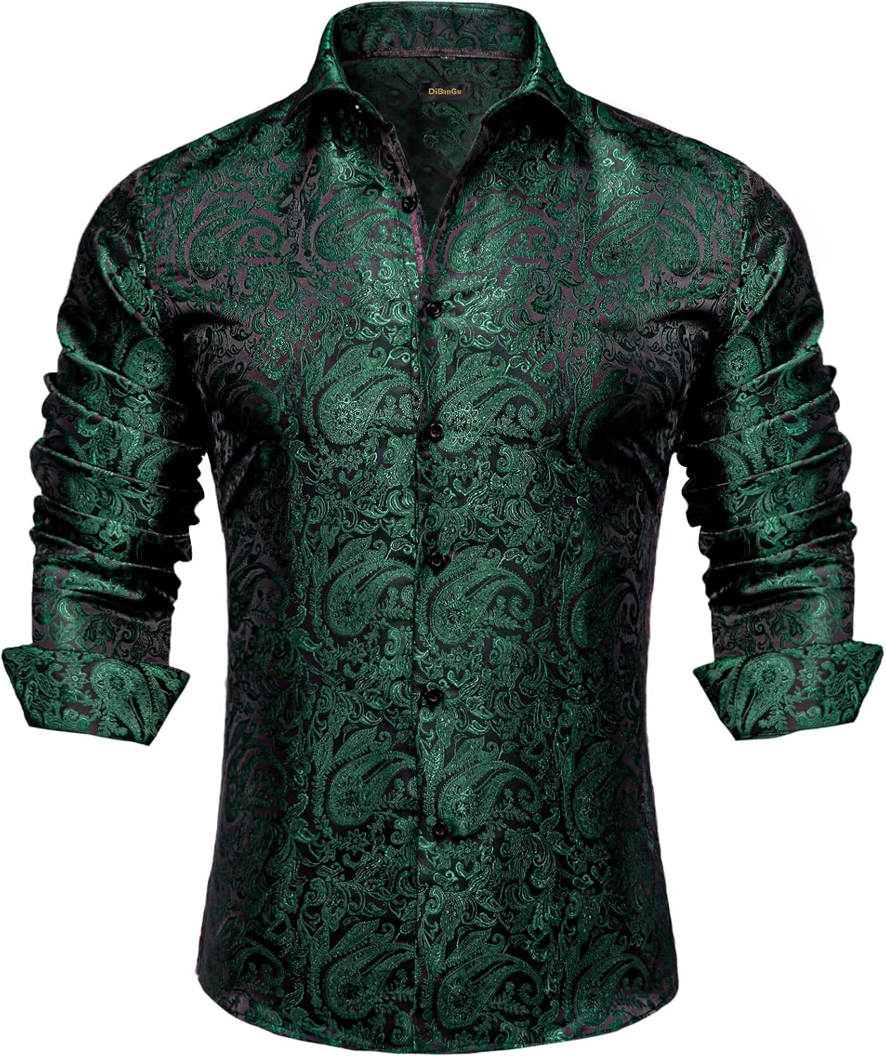 DiBanGu Mens Silk Paisley Dress Shirts,Long Sleeve Button Down Shirt Casual Regular Fit Shirt for Men Wedding Party