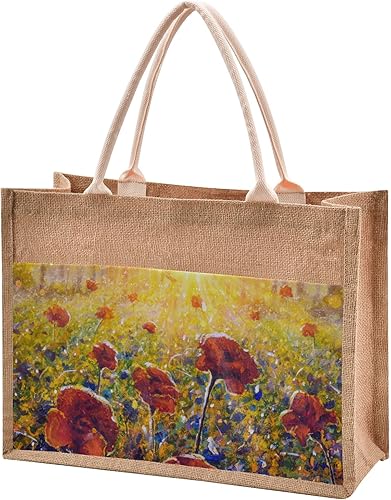 Bolsa de yute con diseño de flor de amapola y amanecer, bolsas de regalo de yute con asa de arpillera, bolsas de yute, bolsas de playa para mujer