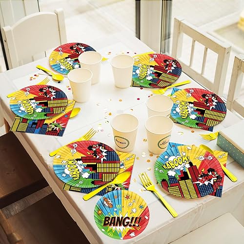 Miniatura 7 de gisgfim 96 piezas de platos y servilletas para fiesta de super héroes, suministros de fiesta, juego de vajilla para fiesta temática de héroes,