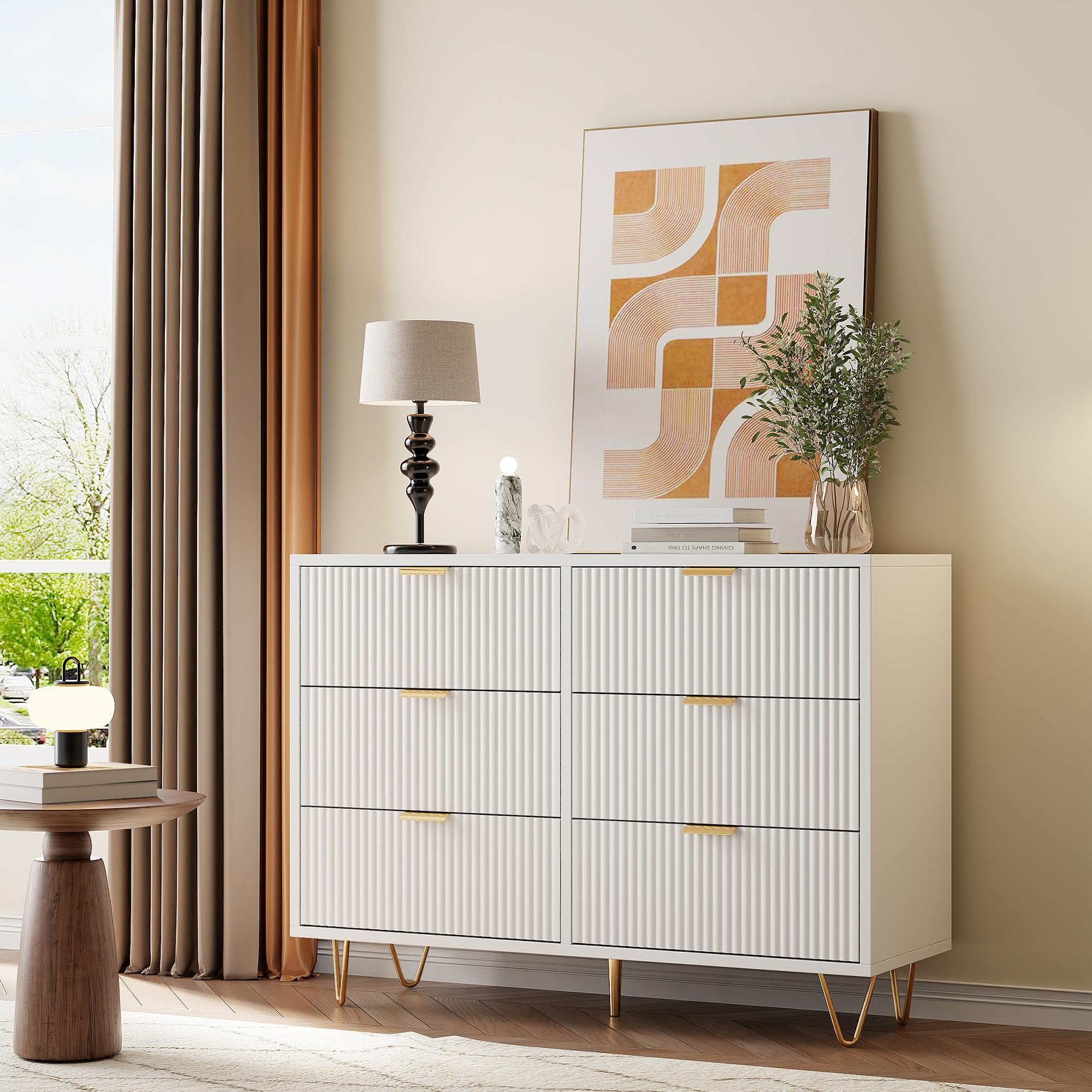 Cassettiera bianca, cassettiera moderna, 6 cassetti, in legno con manici dorati, cassettiera per camera da letto, piccola scanalata (6 cassetti)