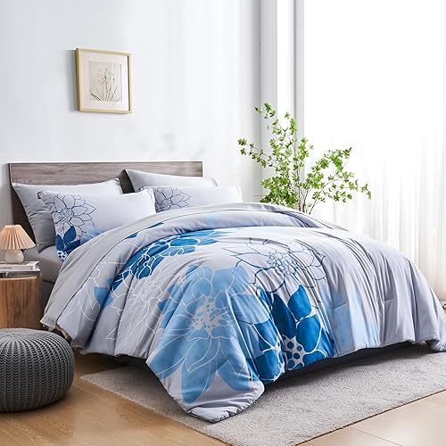 Miniatura 2 de Ellewins Juego de edredón tamaño King, 7 piezas de cama en una bolsa, edredón floral azul para cama tamaño King, juego de ropa de cama gris botánico