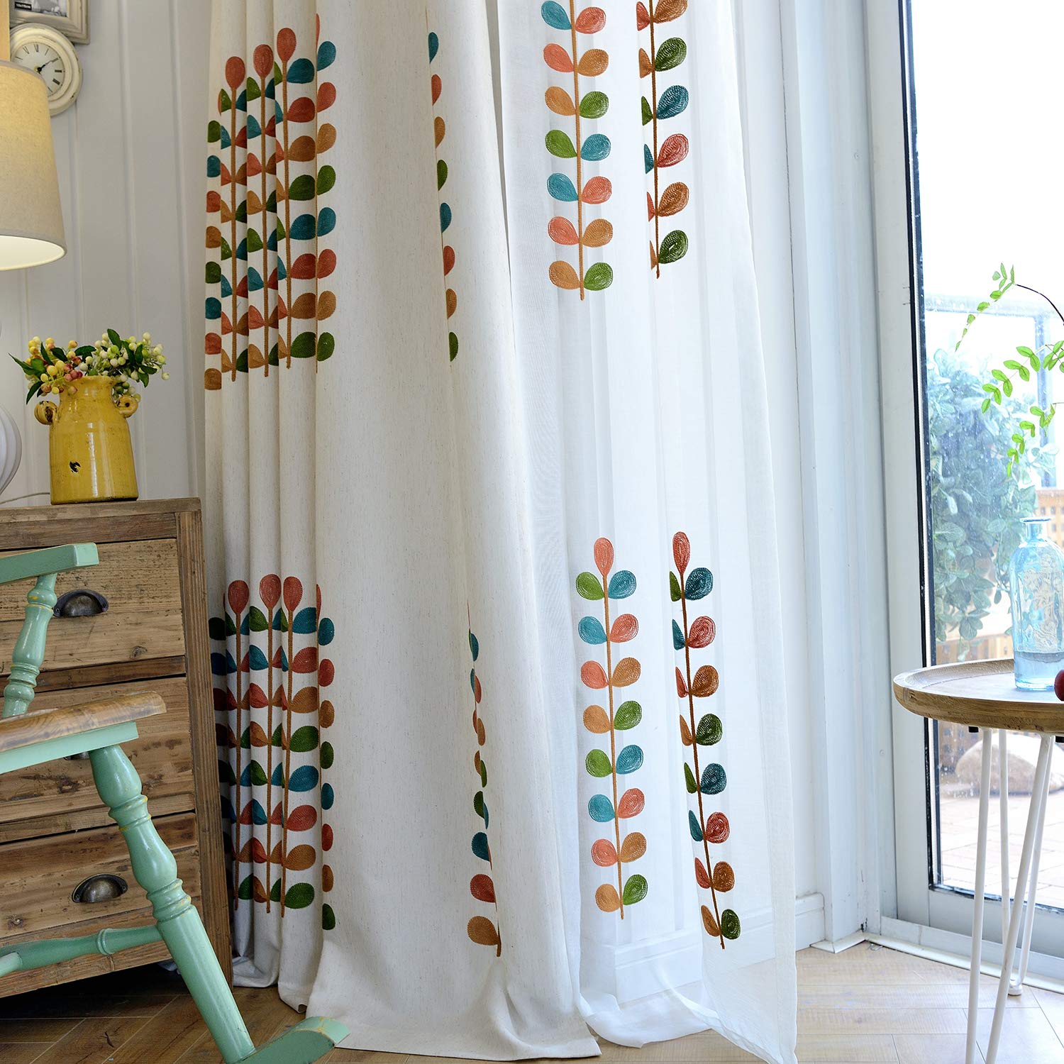 VOGOL Sheer Curtains 63 Inch Length, Colorful Leaves Embroidered White Sheer Window Treatments for Bedroom Kitchen - Image 4