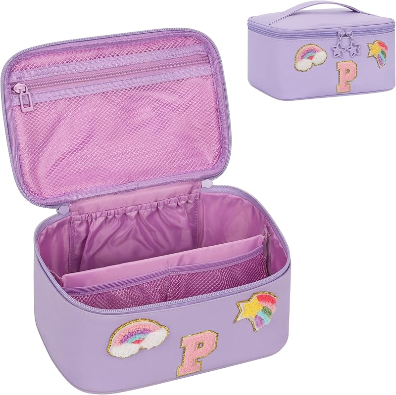 Necessaire de maquiagem OCHEAL roxa com estampa de arco-íris, zíper e bolso interno – Modelo B260419 P