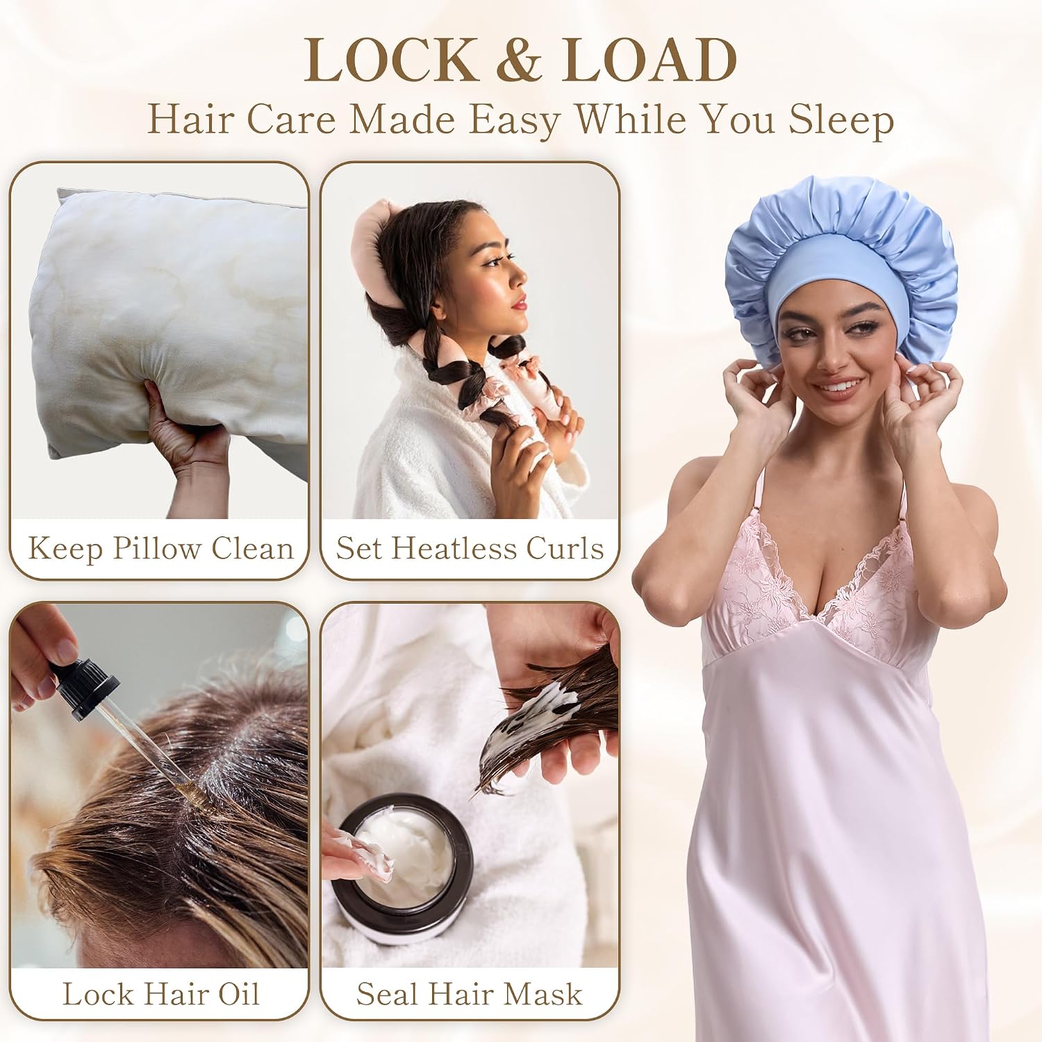 KAAHYNNO Elastic Stretch Silk Satin Hair Bonnet for Sleeping Women, Adjustable Double Layer Sleep Wrap, Night Head Cover