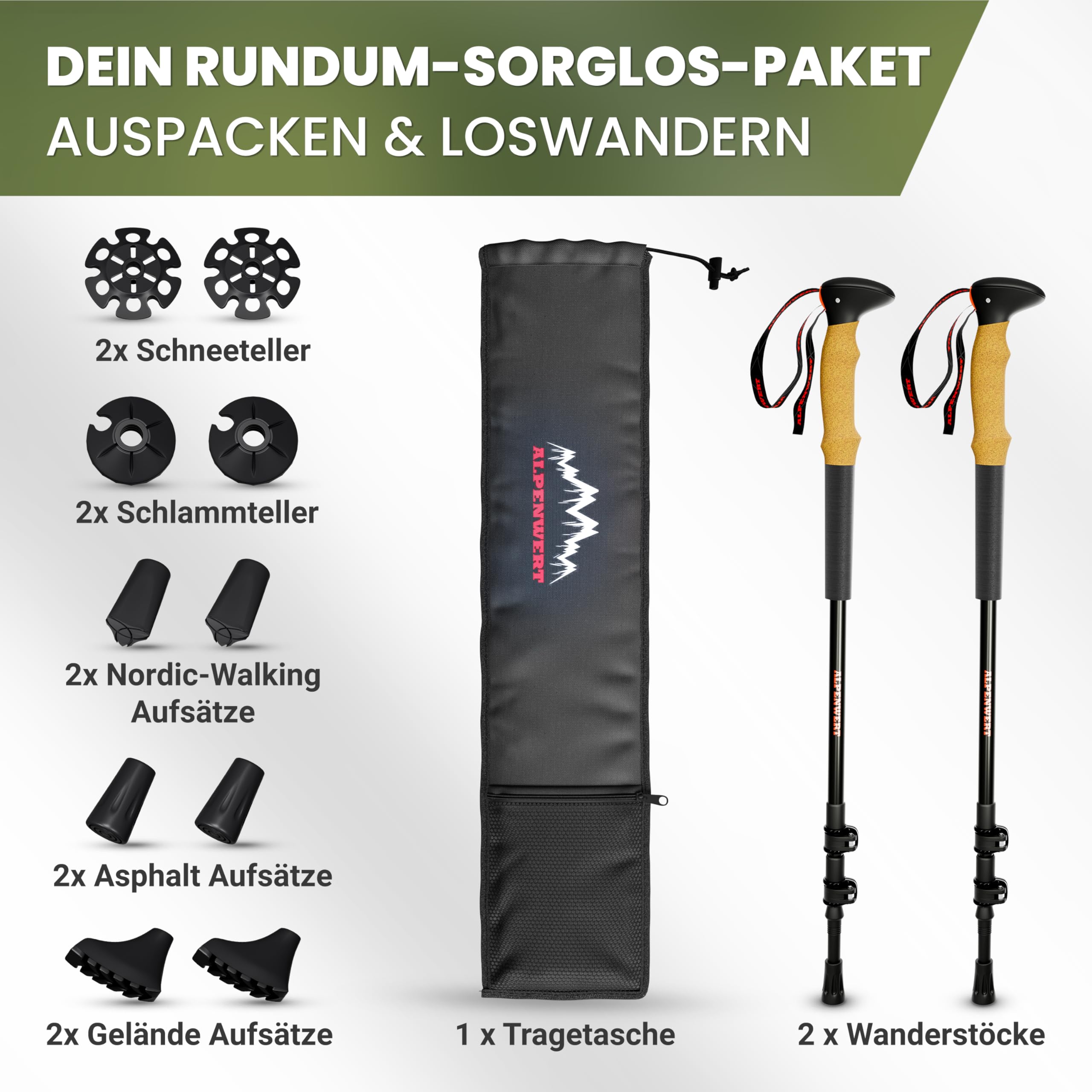 ALPENWERT Wanderstöcke [Carbon oder Aluminium] Walking Stöcke für Damen und Herren - Teleskop Trekkingstöcke mit Korkgriff zum Wandern, Nordic Walking und Skitouren