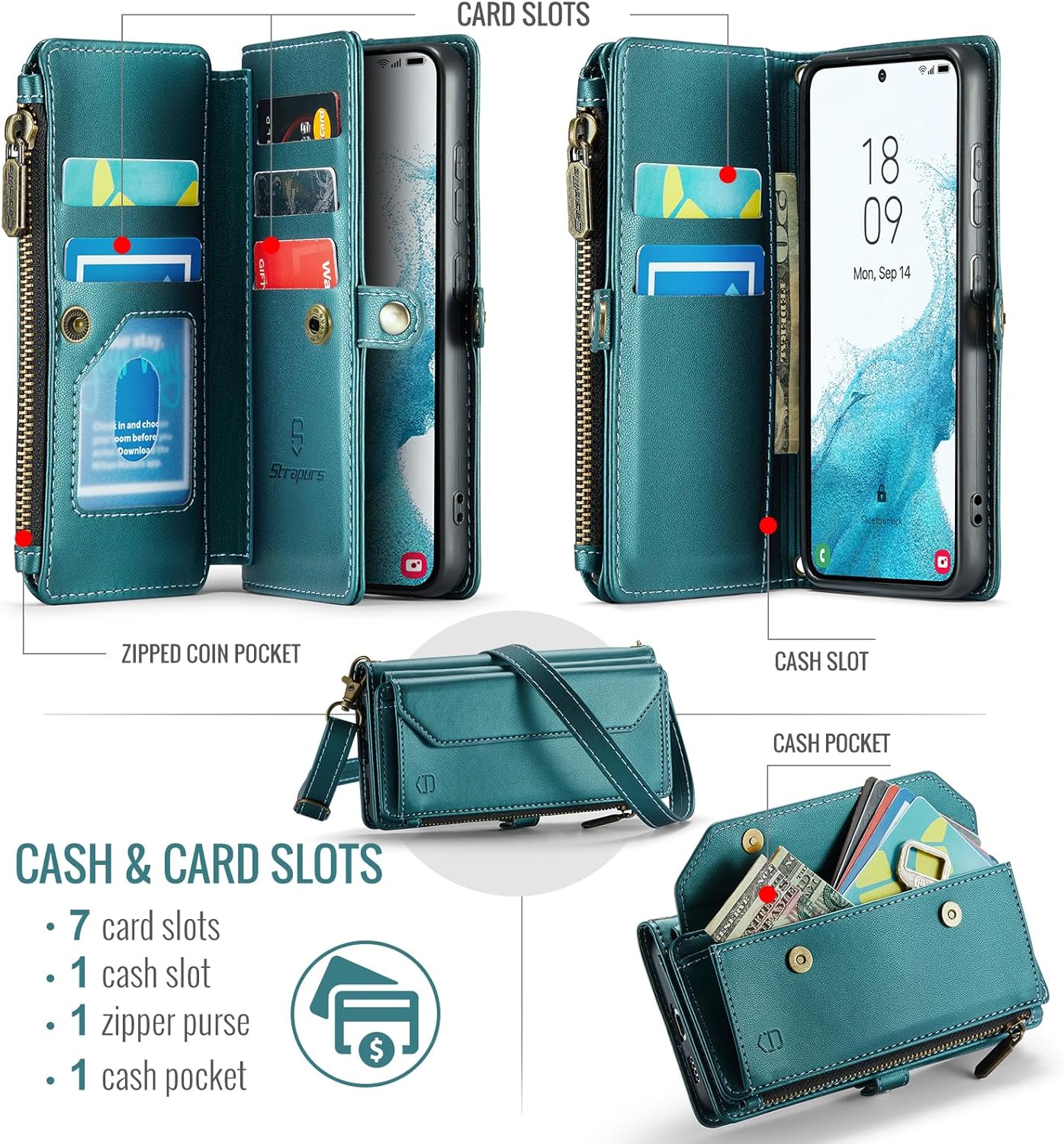 Strapurs Crossbody Wallet Case Compatible with Samsung Galaxy S22 5G RFID Blocking Card Holder Soft PU Leather Magnetic Snap Shoulder Strap Zipper Pocket Phone Case Fit for Galaxy S22 6.1" - BlueGreen
