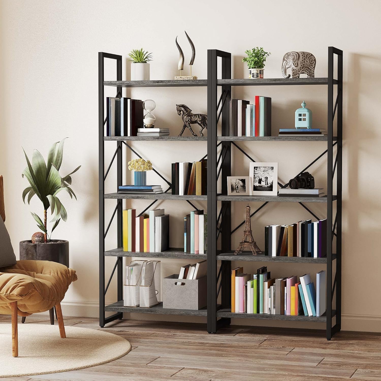 YITAHOME 5 Tiers Bookshelf, Industrial Artsy Grey Bookcase Bookshelves, Book Rack, Storage Rack Shelves Books Holder Organizer for Books Movies in Living Room Home Office, Black & Gray