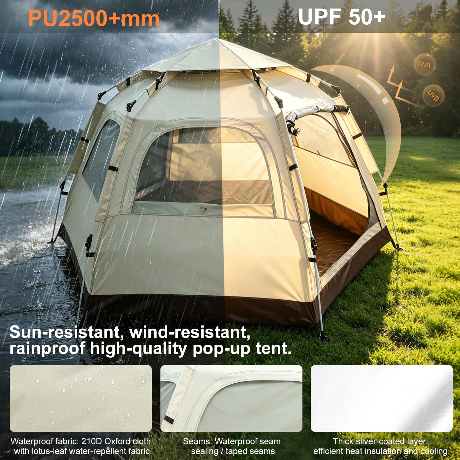 Zelt für 2-3 Personen, Pop Up Campingzelt mit Vorzelt | Automatisches Sekundenzelt mit Sonnenschutz & wasserdicht, Familienzelt für Camping Wandern & Trekking
