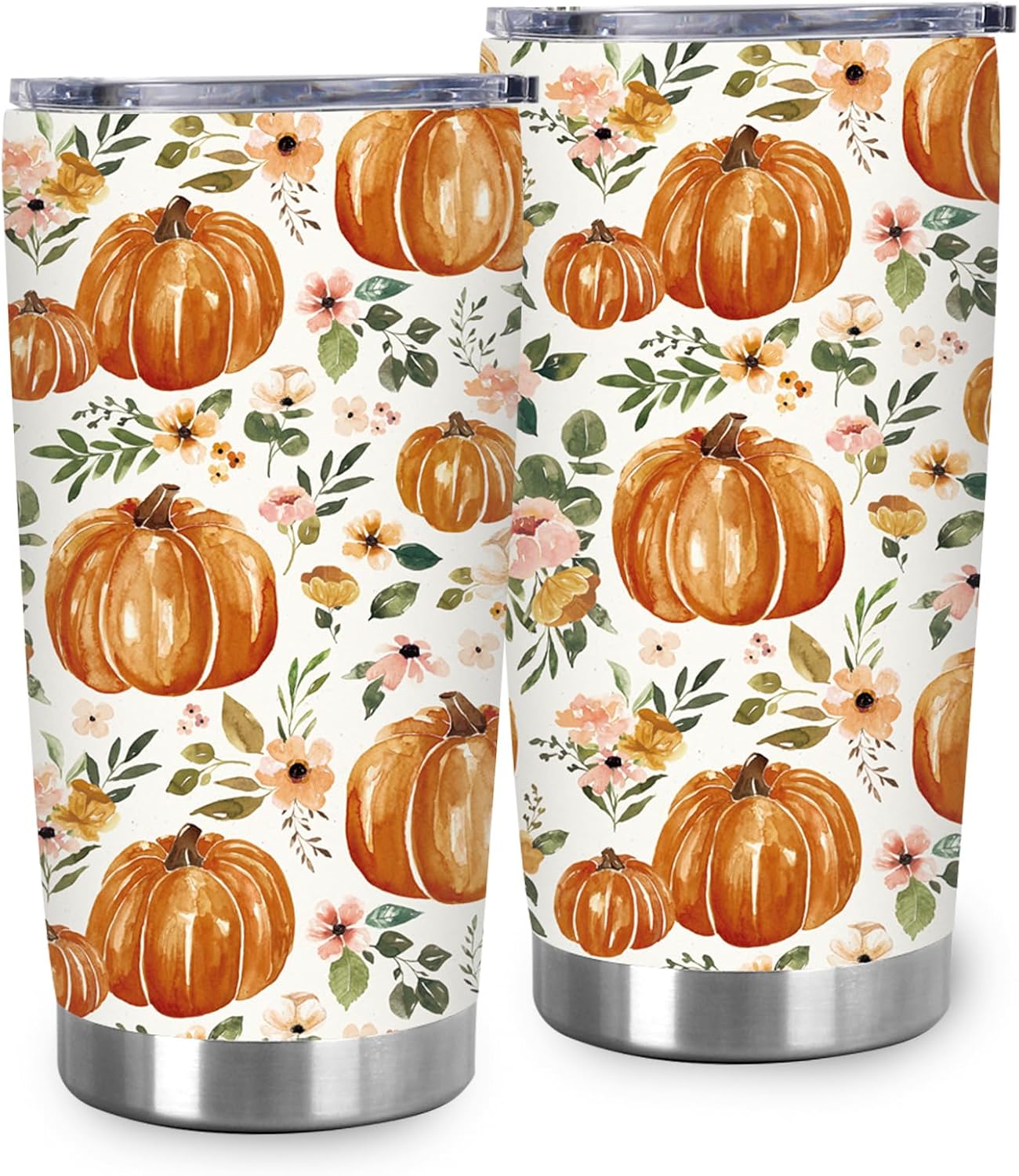 JarThenaAMCS 1Pc Fall Floral Pumpkin Tumbler with Lid Straw 20 Oz Flower Pumpkin Travel Coffee Tumbler Cup Boxed for Autumn Birthday Travel Party Favor Supplies