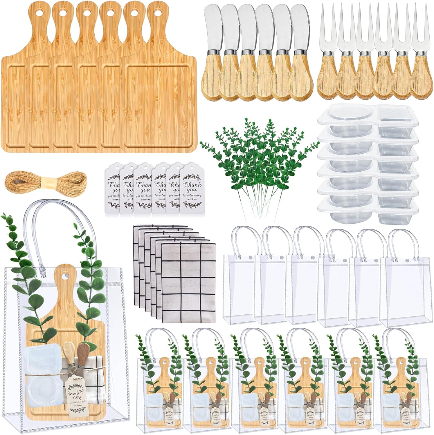 6 Sets Baby Shower Prizes for Game Winners, Bamboo Cheese Board Spoon Fork Butter Spreaders Plaid Towel Thank You Card and Gift Bags for Baby Shower Wedding Bridal Shower Favors for Guests(LONG)