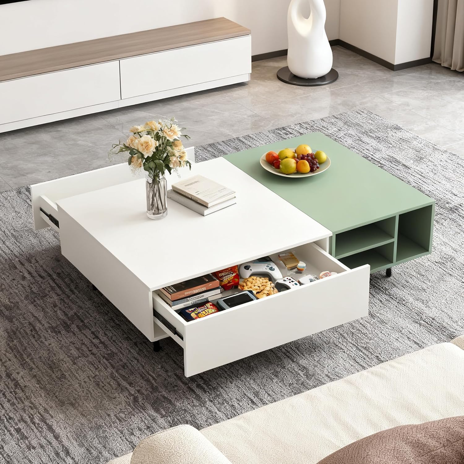 Modern Rectangular Coffee Table with Storage Drawers and Open Shelves, Two-Tone White & Green Living Room Table, Sliding Drawer Center Table for Living Room, 51.18” x 27.55” x 16.53”