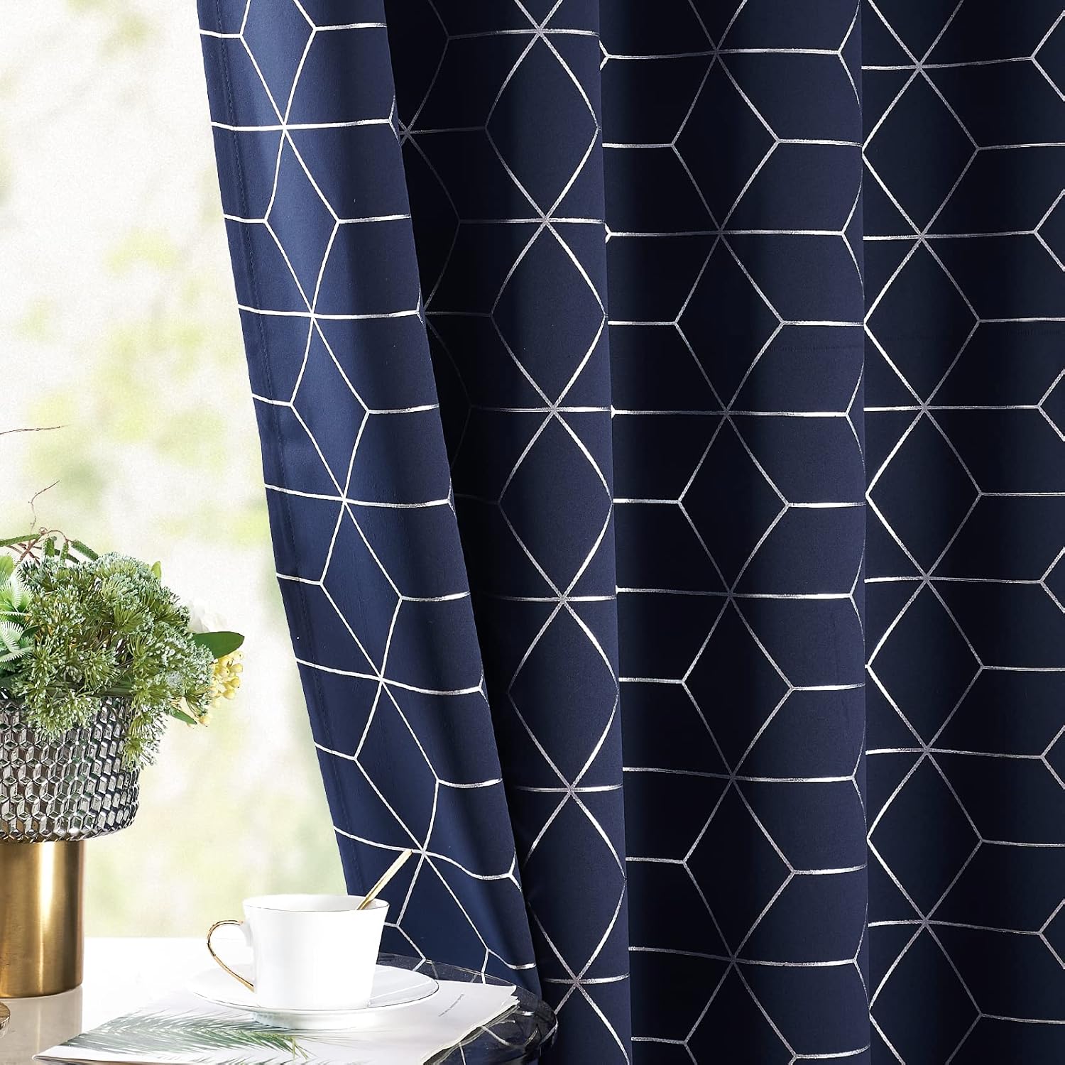 jinchan Blackout Curtains for Bedroom, Silver Foil Diamond Printed Thermal Room Darkening Curtains for Living Room Window Curtains 84 Inch Length Set 2 Panels Navy Blue