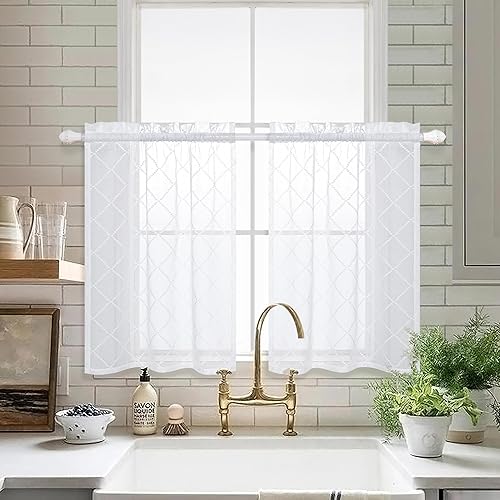 Cortinas blancas para fregadero de cocina de 36 pulgadas de largo, juego de 2 paneles con bolsillo para barra, patrón geométrico, textura de lino,