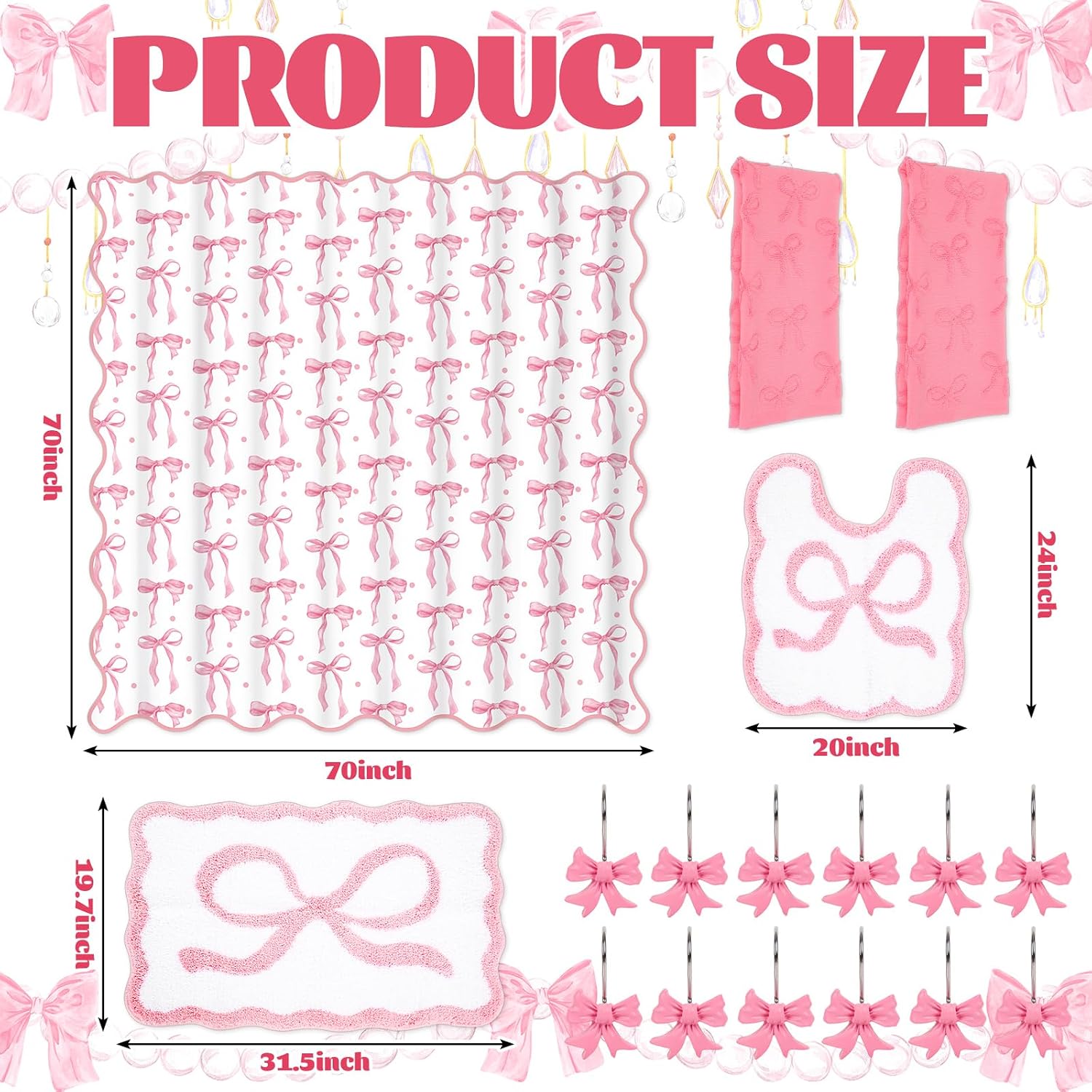 JarThenaAMCS 17Pcs Pink Bow Shower Curtain Set with 12 Decorative Shower Curtain Hooks 2 Bathroom Towels Coquette Non Slip Absorbent Rug U-Shaped Toilet Rug for Christmas Modern Aesthetic Bathroom