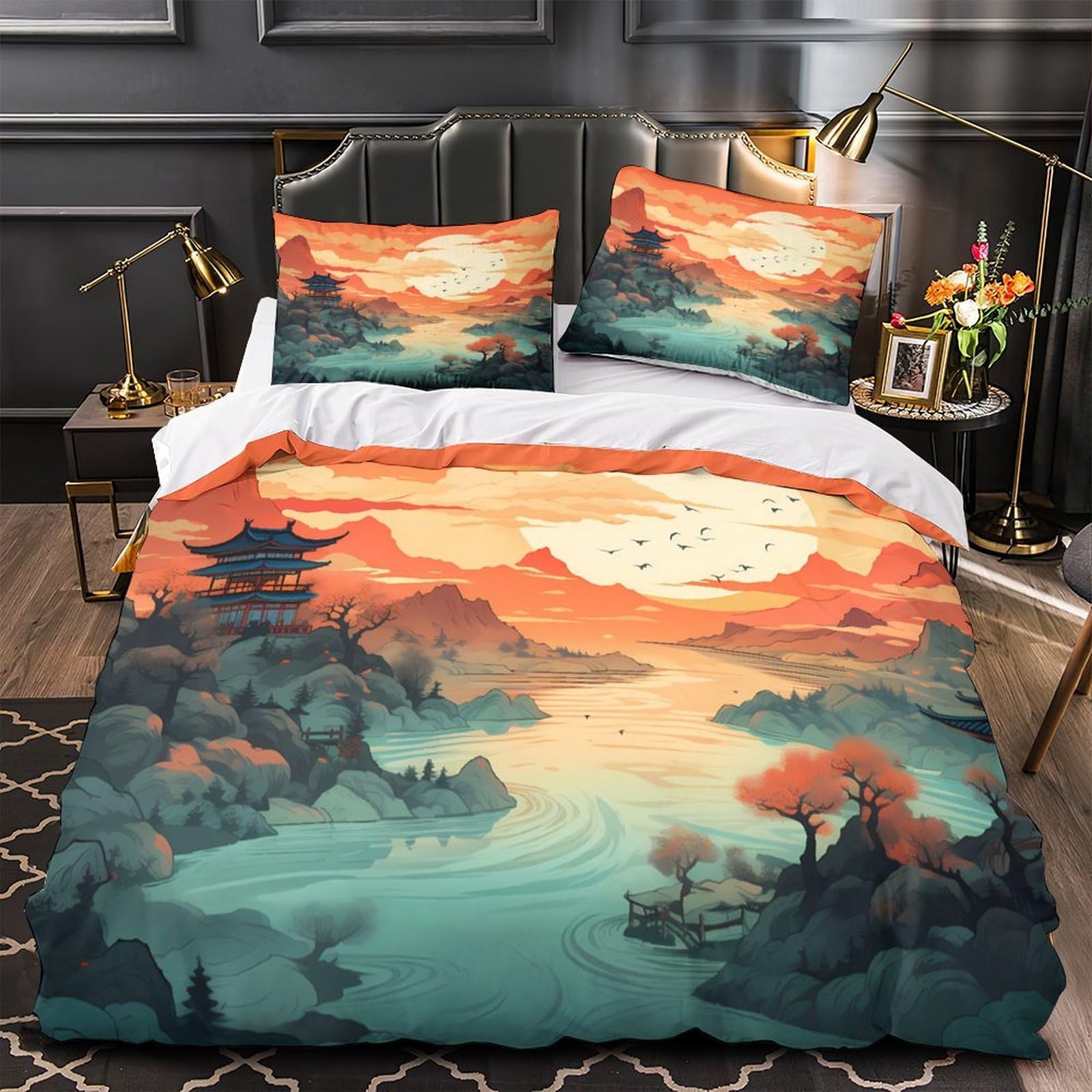 Parure de lit King en microfibre ultra douce motif lac crépuscule