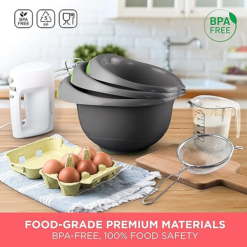 Vista 2 de Mueller - Juego de 3 cuencos para mezclar con parte inferior antideslizante, asas ergonómicas, boquilla para verter, cuencos anidables que ahorran