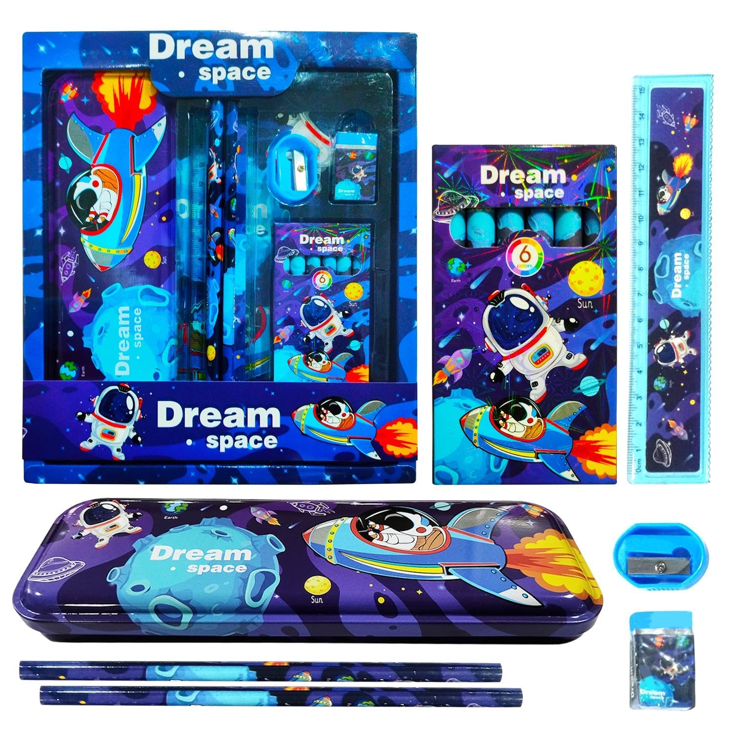 Dezva Cartoon Printed Stationary Gift Set for Boys and Girls with Pencil Box, Colour Set, Pencil, Eraser, Scale and Sharpener,6 in 1 Stationary Kit for Birthday Gifts (Space) (B0CKTR13Y8) Amazon Price History, Amazon Price Tracker