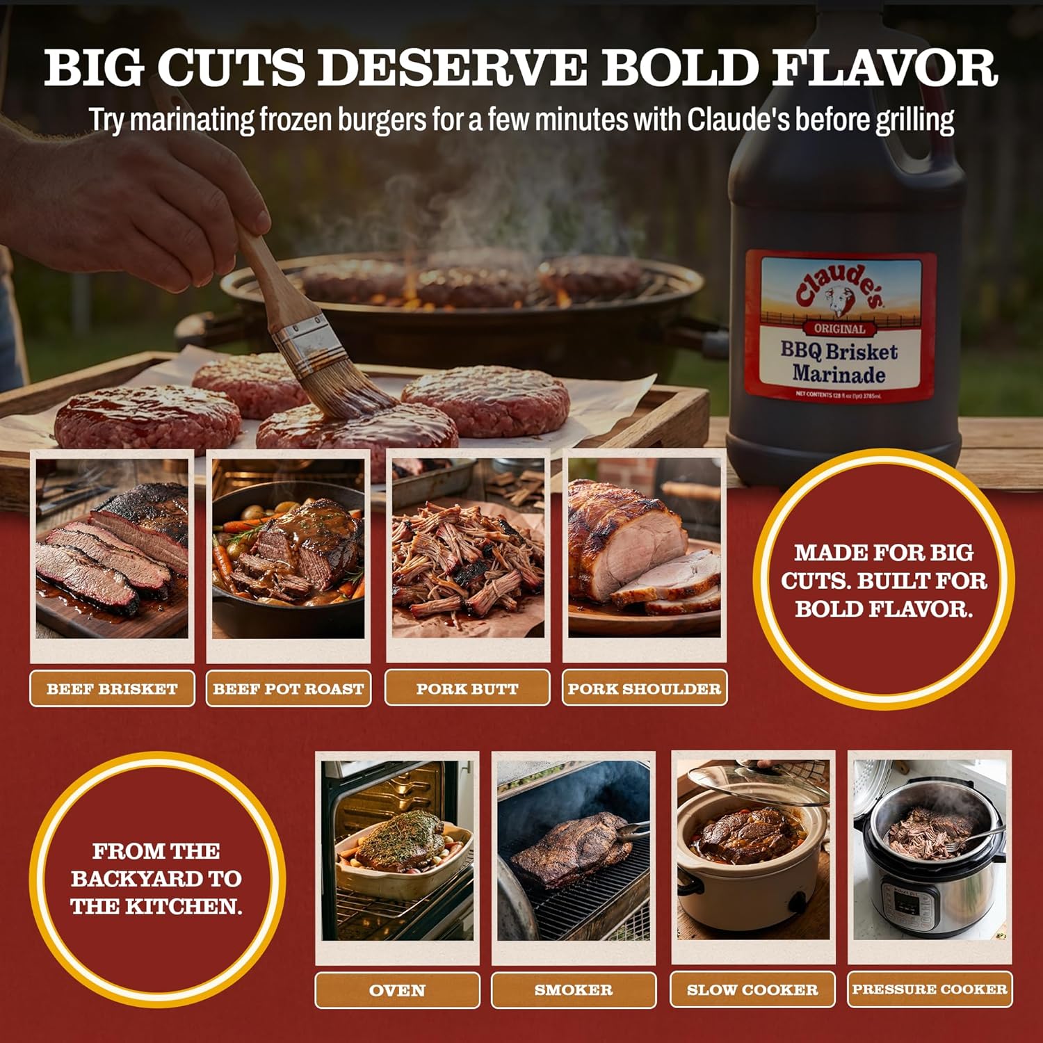 Claude's Authentic BBQ Brisket Marinade Sauce – Smoky Texas Tenderizing, Mouthwatering Barbecue Sauces for Meat, Brisket & More - All-Natural Gluten-Free BBQ Marinade (128 oz, 1 Pack)