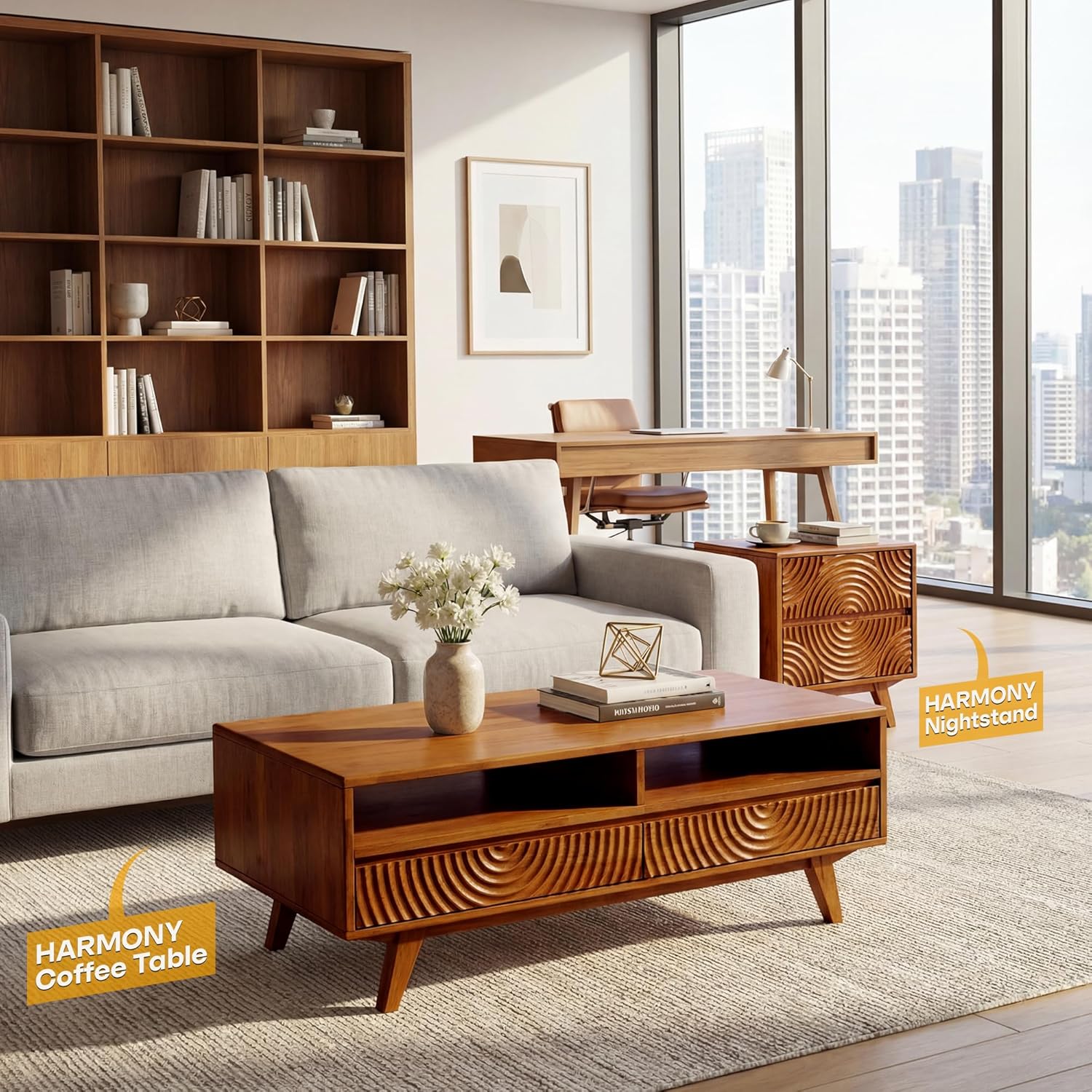 Acacia Harmony Wooden Coffee Table, Solid Rubberwood Living Room Table with Drawers & Open Storage, 47.2" L, Perfect Coffee Tables for Living Room Furniture, Waterproof & Scratch Resistant, Walnut